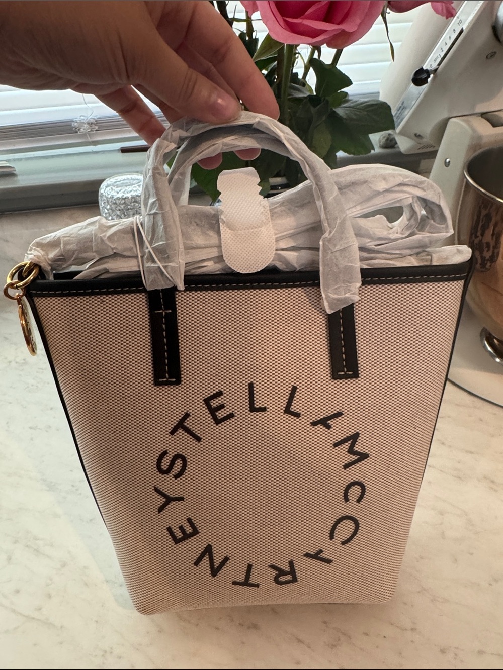 Stella McCartney collab with H&M Cream Canvas Logo Tote with Black Trim